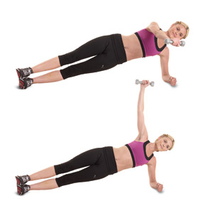 Side plank with rear fly dumbell